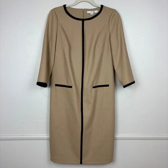 Boden Tan Wool Dress Black Tipped Size 6L Camel Striping Midi Classic Old Money - Picture 12 of 17
